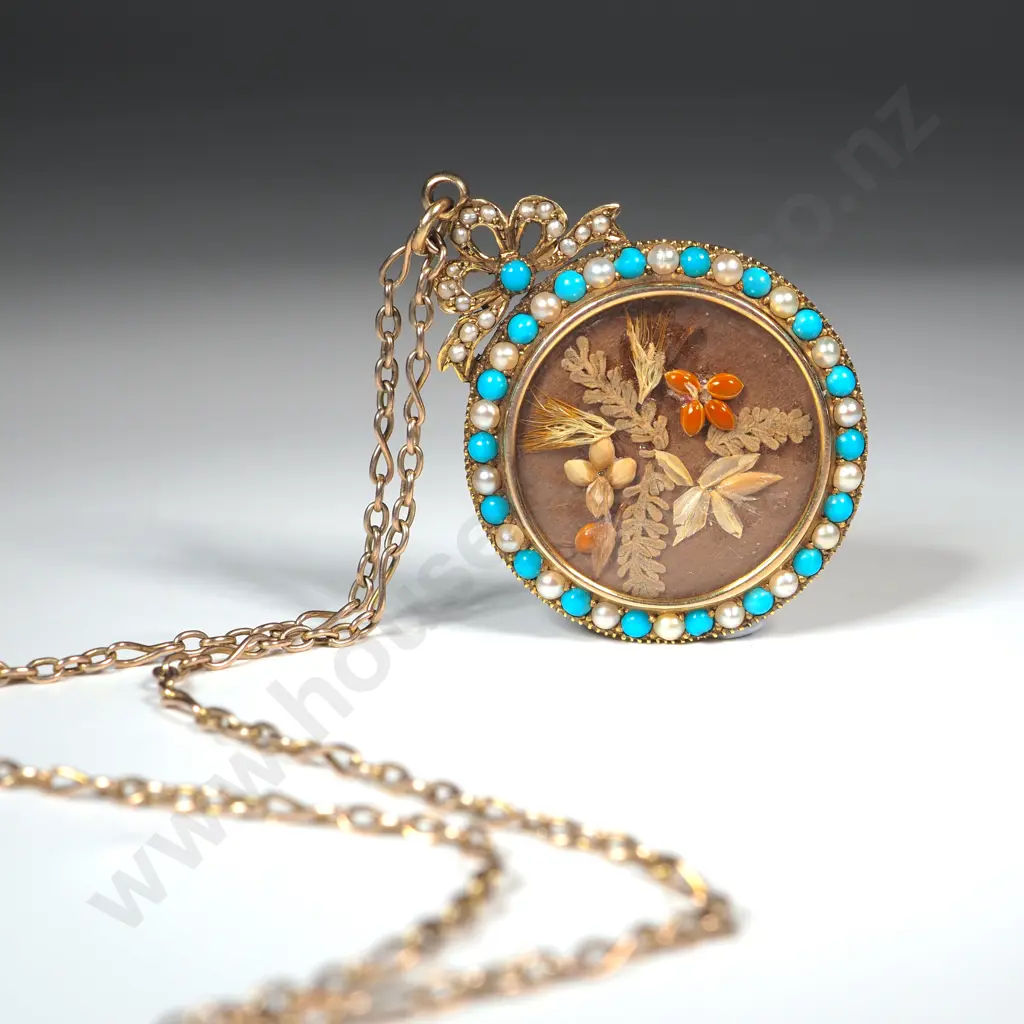 Victorian 15 ct Turquoise & Pearl Locket With Rolled Gold Chain Image 1++