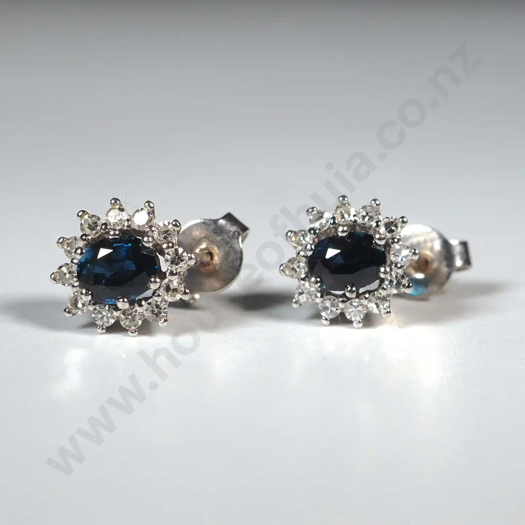 18ct White Gold Cluster Sapphire & Diamond Earrings - Valued at $3,050.00 Image 1++