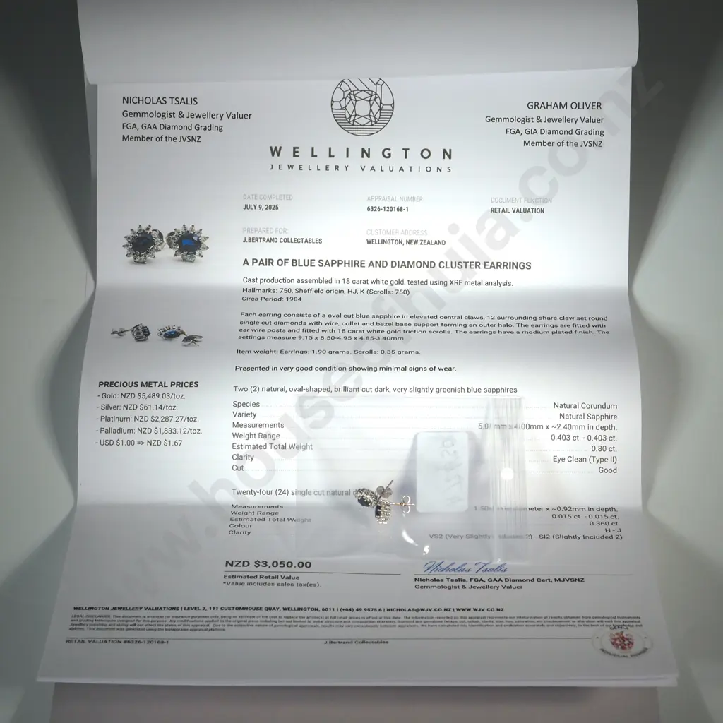 18ct White Gold Cluster Sapphire & Diamond Earrings - Valued at $3,050.00 Image 1++