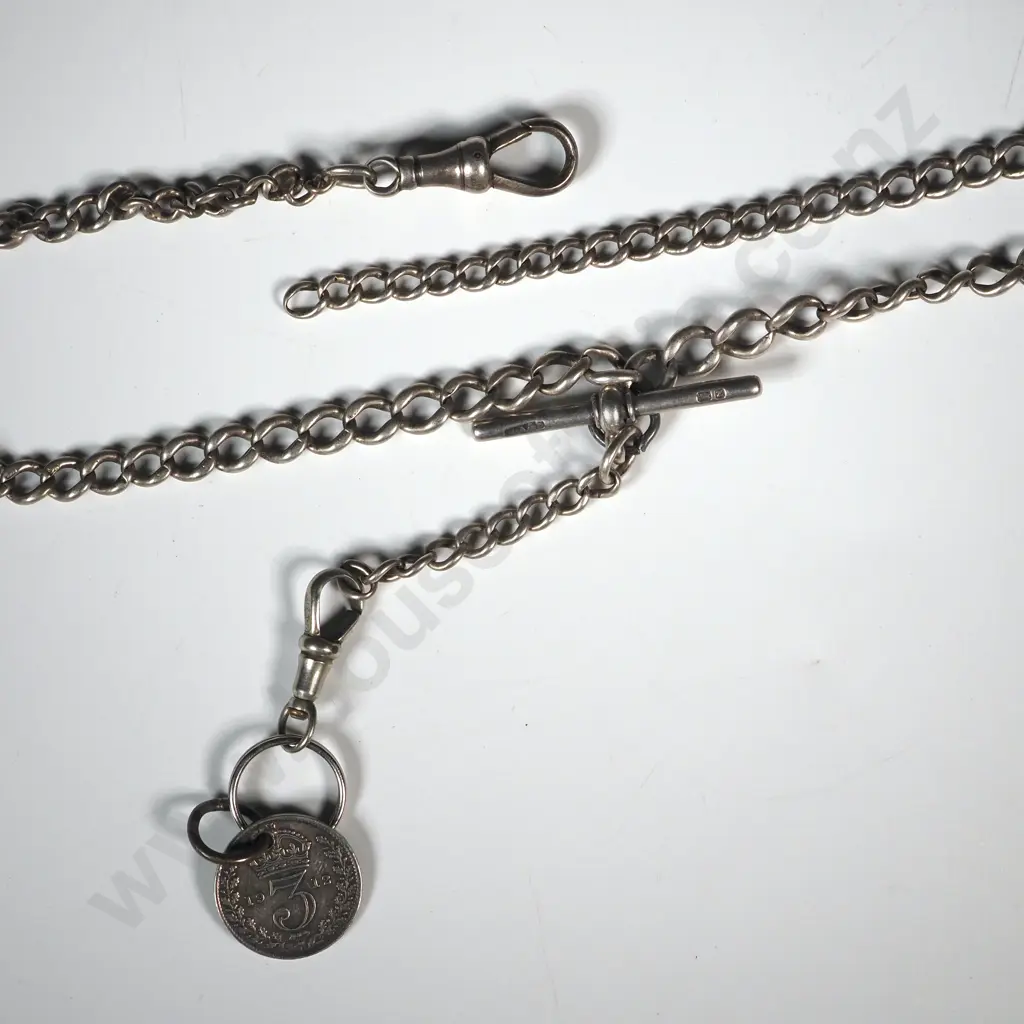 Sterling SIlver T Bar Fob Chain w Threepence Attached Image 1++