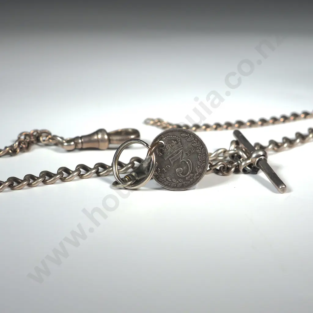 Sterling SIlver T Bar Fob Chain w Threepence Attached Image 1++