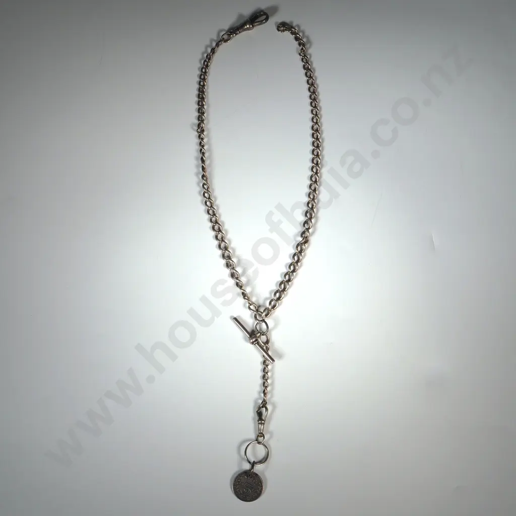 Sterling SIlver T Bar Fob Chain w Threepence Attached Image 1++