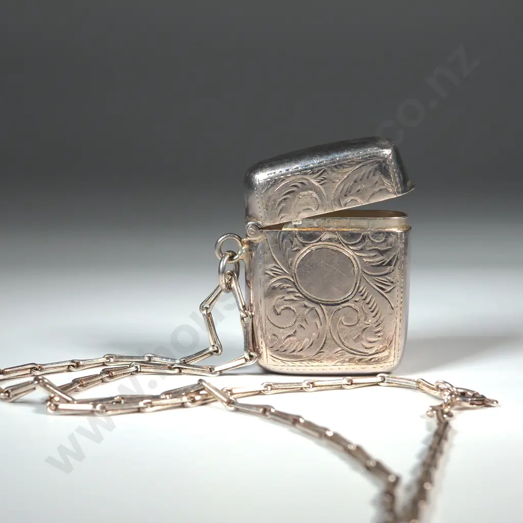 Sterling Silver Engraved Vesta Box With Fancy Link Chain Image 1++