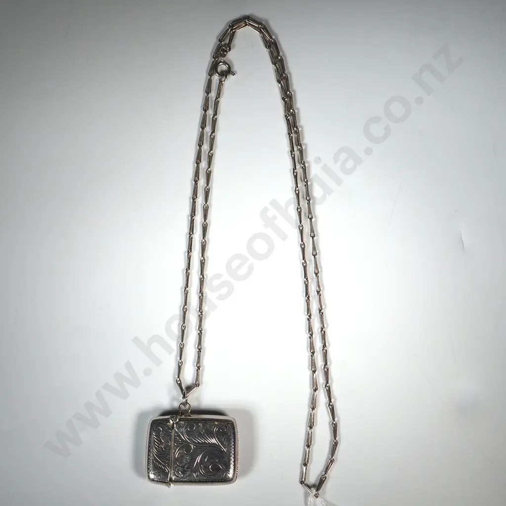 Sterling Silver Engraved Vesta Box With Fancy Link Chain Image 1++