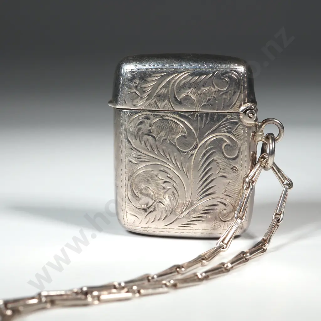 Sterling Silver Engraved Vesta Box With Fancy Link Chain Image 1++