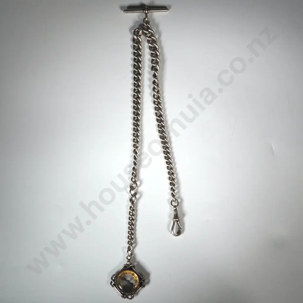 Substantial Antique Sterling Silver Graduated Curb Link Albert T Bar Necklace w Compass Pendant Image 1++