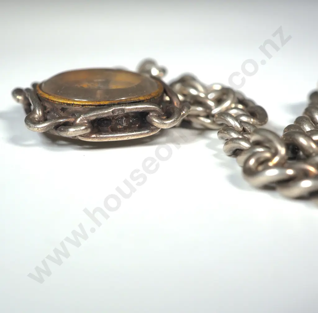 Substantial Antique Sterling Silver Graduated Curb Link Albert T Bar Necklace w Compass Pendant Image 1++