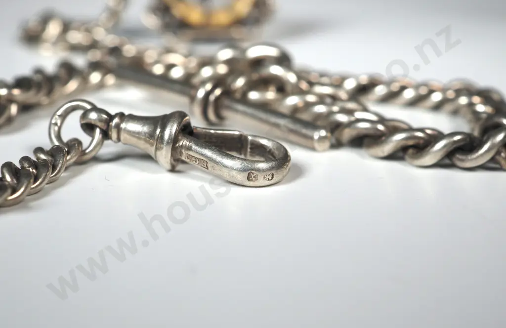 Substantial Antique Sterling Silver Graduated Curb Link Albert T Bar Necklace w Compass Pendant Image 1++