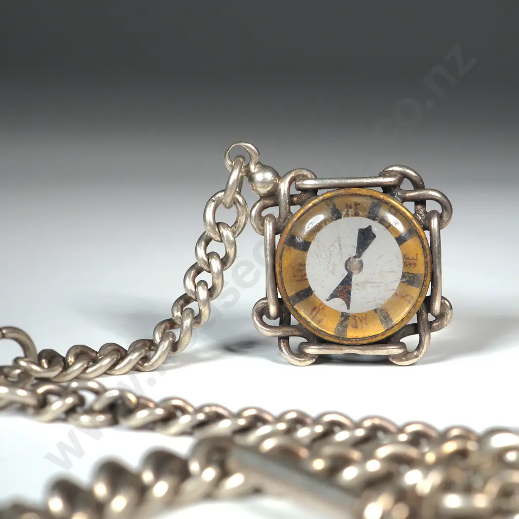 Substantial Antique Sterling Silver Graduated Curb Link Albert T Bar Necklace w Compass Pendant Image 1++