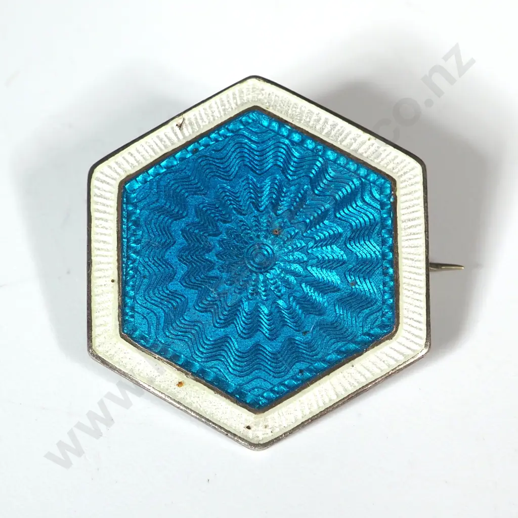 Sterling Silver Engine Turned Blue Enamel Brooch Image 1++