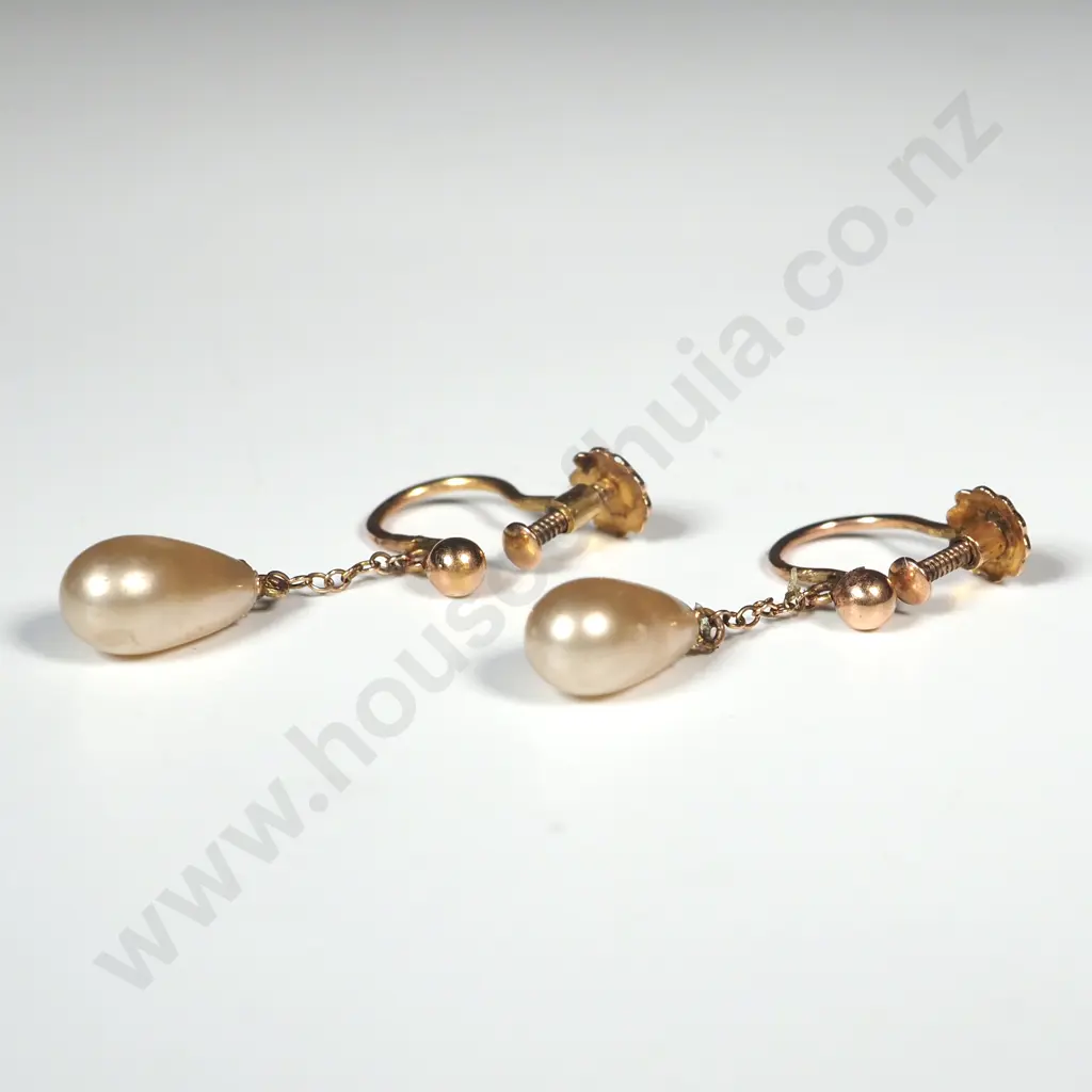 9ct Gold & Drop Pearl Screw On Earrings Image 1++