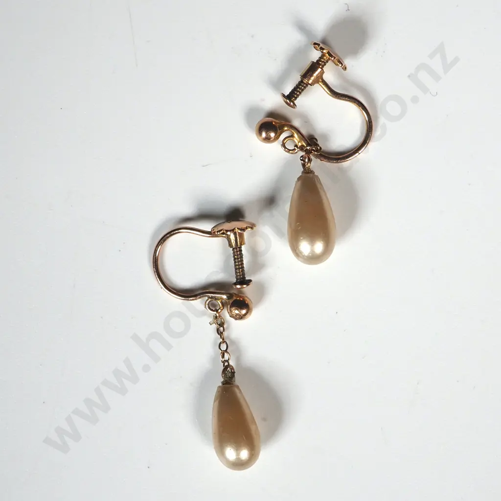 9ct Gold & Drop Pearl Screw On Earrings Image 1++