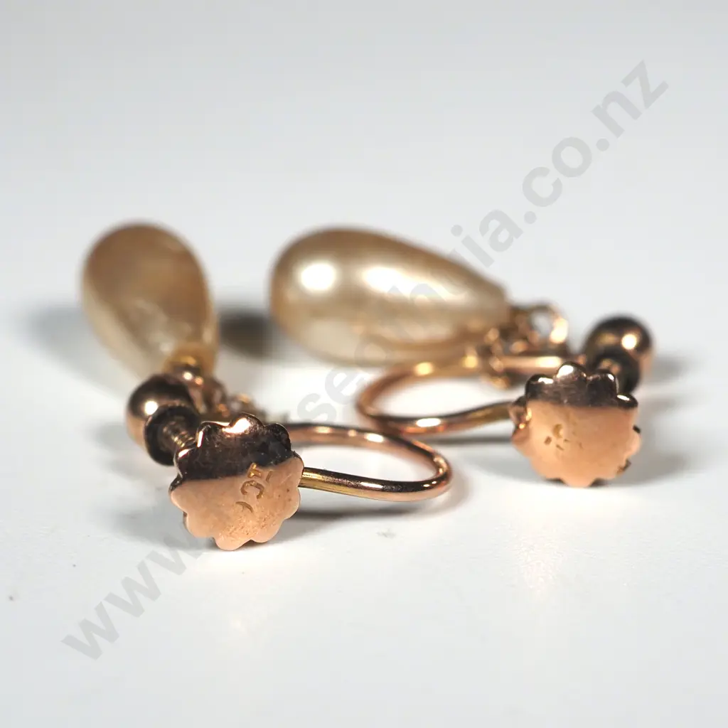 9ct Gold & Drop Pearl Screw On Earrings Image 1++