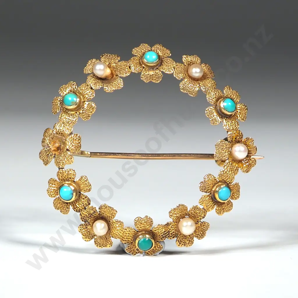 9ct Gold Seedpearl & Turquoise Brooch Image 1++