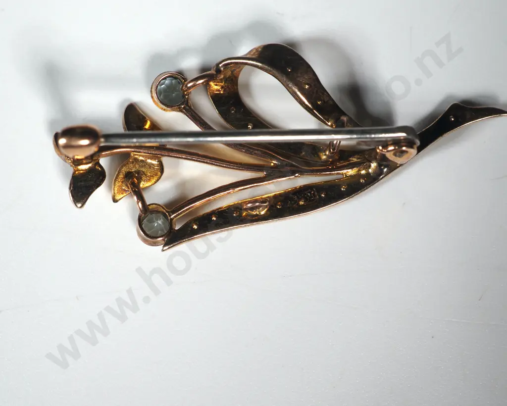 9ct Gold & Blue Gem Seedpearl Lily Brooch Image 1++