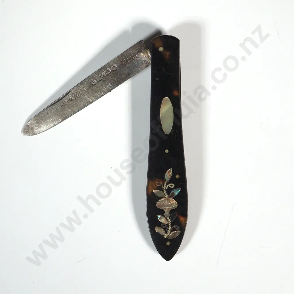 Sterling silver folding fruit knife Birmingham 1869 with inlaid tortoiseshell handle by Hilliard & Thomason Image 1++
