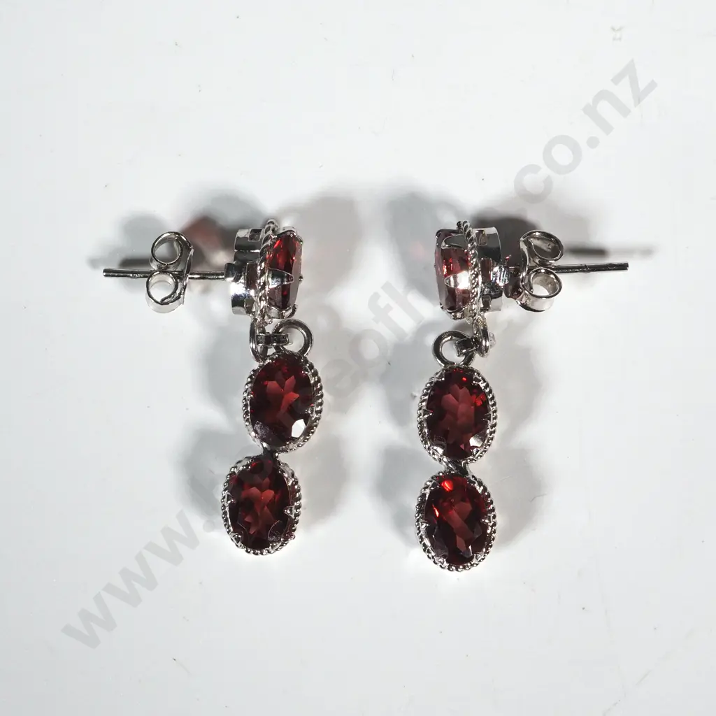 Pair of Sterling Silver & Garnet Drop Earrings  Image 1++