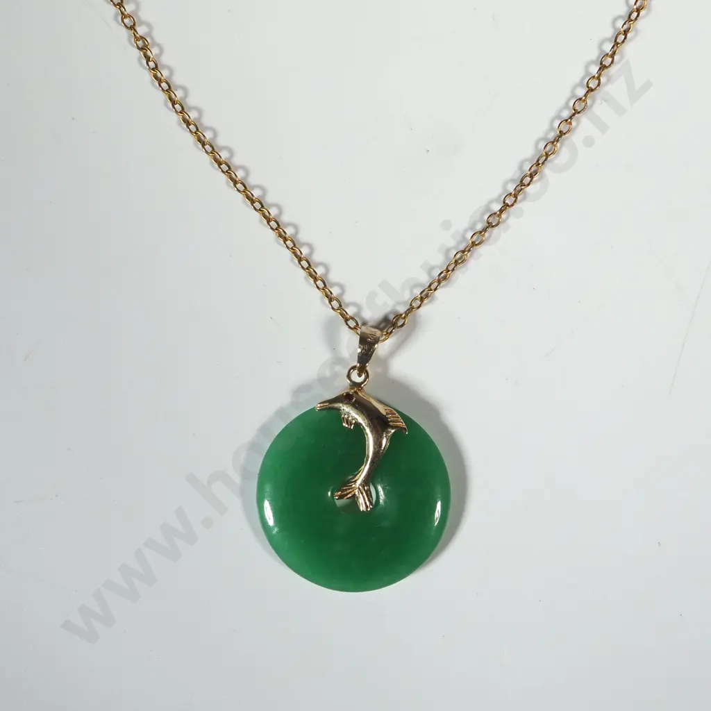 14ct Gold Jade Dolphin Pendant on RG Chain Image 1++