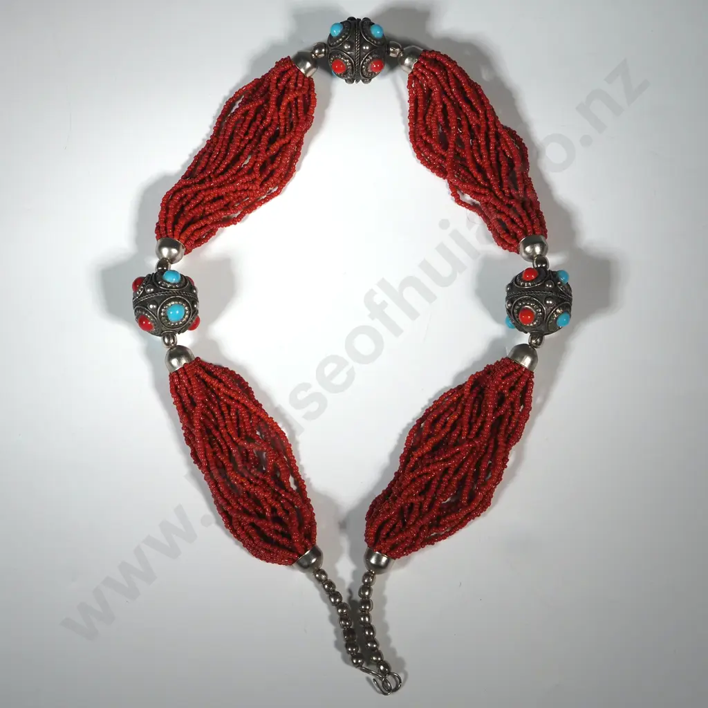 Coral Style Bead Necklace with Turquoise & Coral Coloured Silver Beads. Image 1++