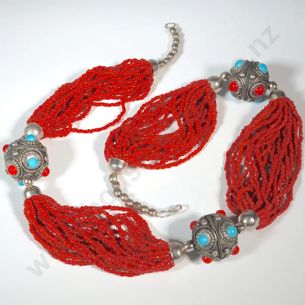 Coral Style Bead Necklace with Turquoise & Coral Coloured Silver Beads. Image 1++
