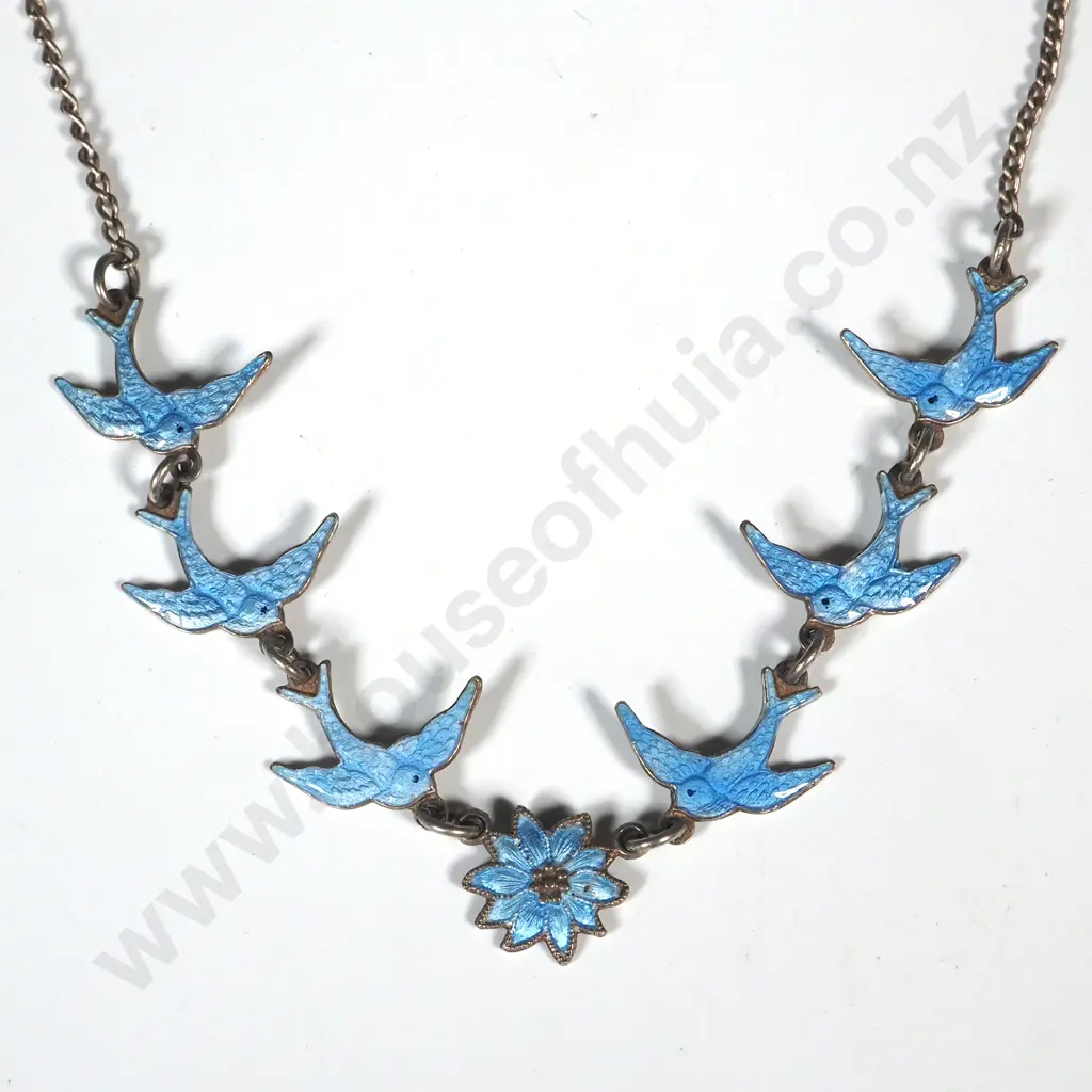 Vintage Sterling Silver & Enamel Bird Necklace Image 1++
