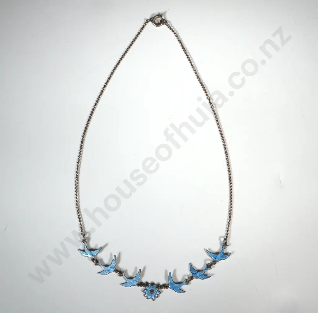Vintage Sterling Silver & Enamel Bird Necklace Image 1++