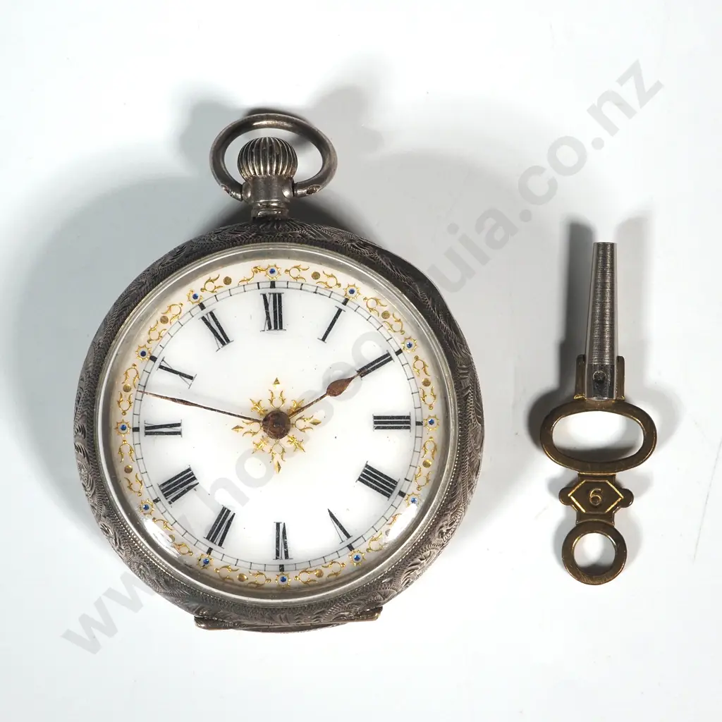 .935 Silver Pocket Watch w Watch Key Image 1++