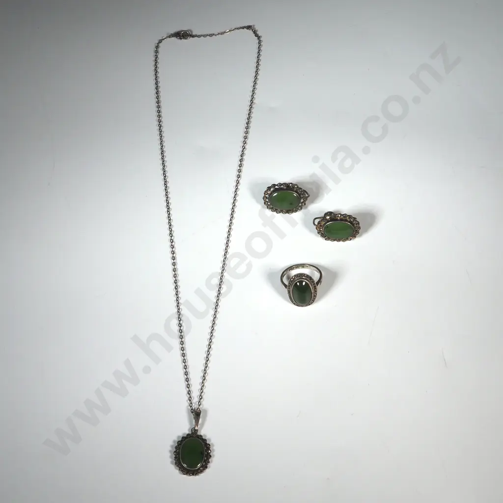 Sterling Silver Marcasite & Greenstone Necklace Ring & Earring Set - All A/F Missing Marcasites Image 1++