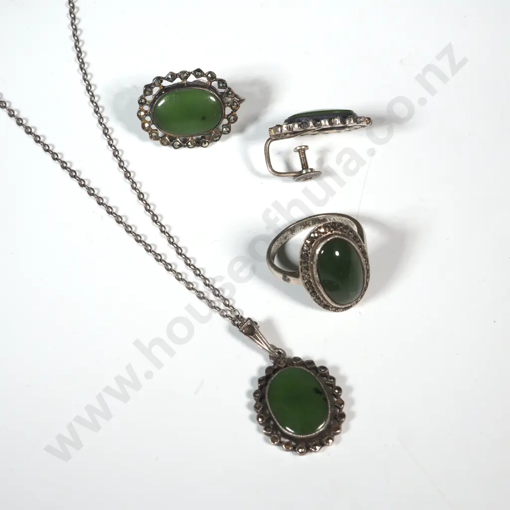 Sterling Silver Marcasite & Greenstone Necklace Ring & Earring Set - All A/F Missing Marcasites Image 1++