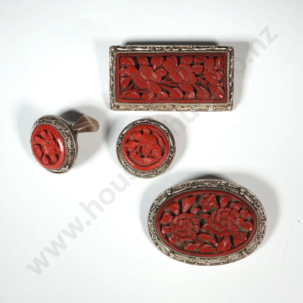 Sterling Silver Red Cinnabar Style Mounted Brooches & Clip on Earrings Image 1++