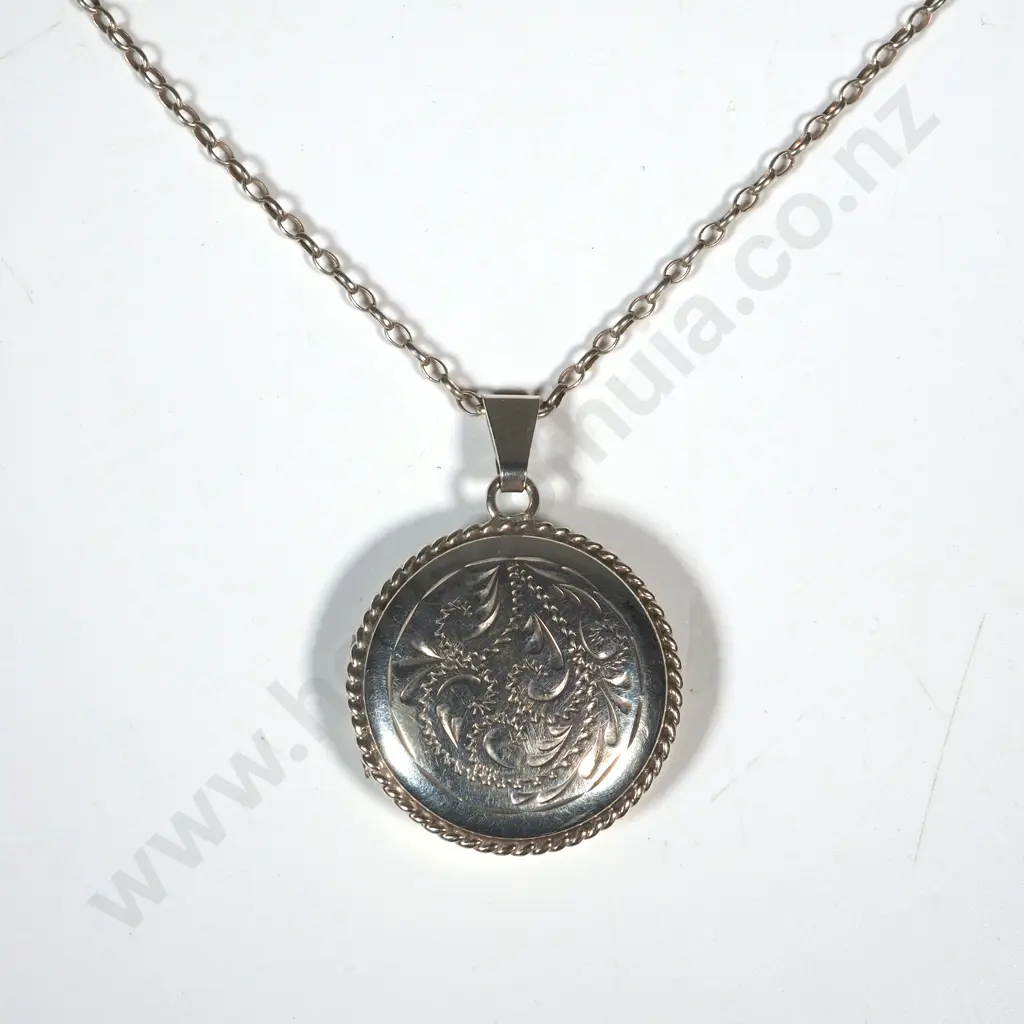 Sterling Silver Circular Engraved Locket On Chain Image 1++