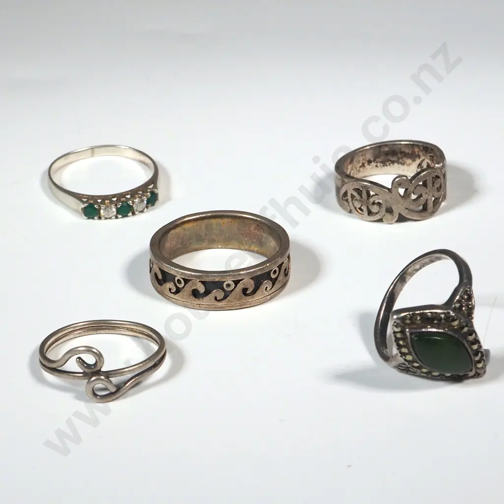 Four Sterling Silver Rings. One Greenstone & Marcasite. Another Bridge Set with Green & White Stone Image 1++