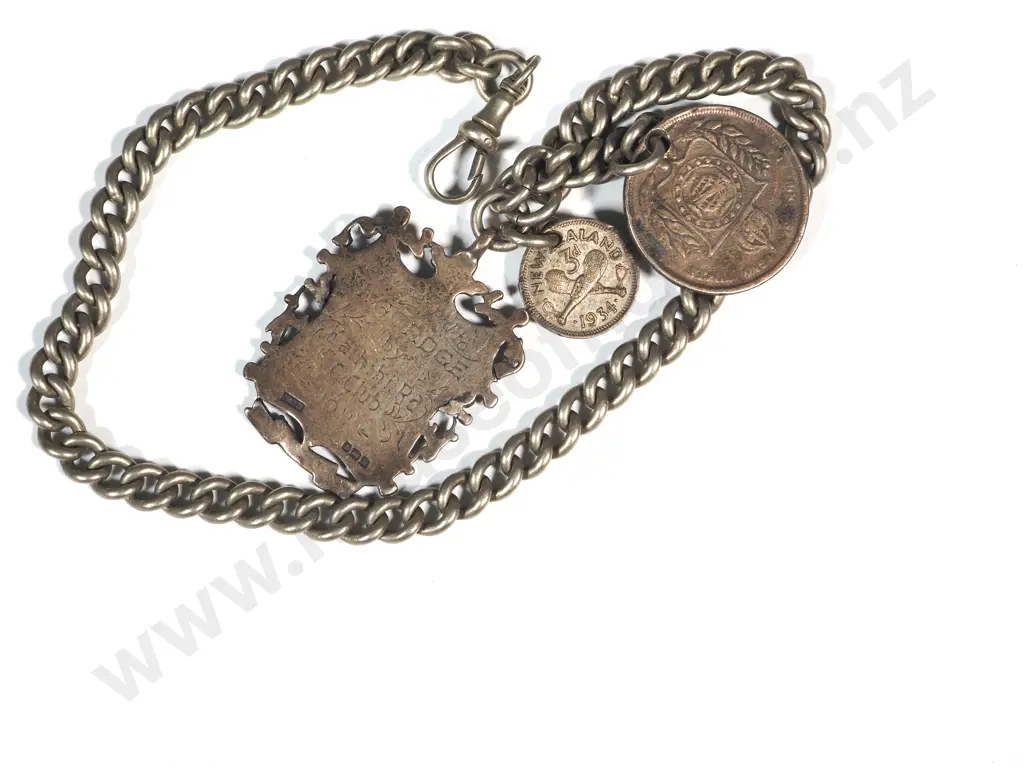 Fob Chain w Sterling Silver Fob Award From Kaihhihi Rd Club 1911 & 1934 Threepence Image 1++