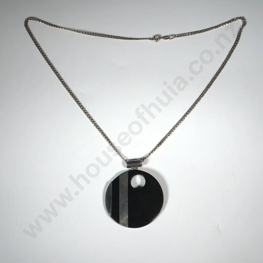 Large Black & Silver Circular Pendant On a Sterling Silver Chain Image 1++