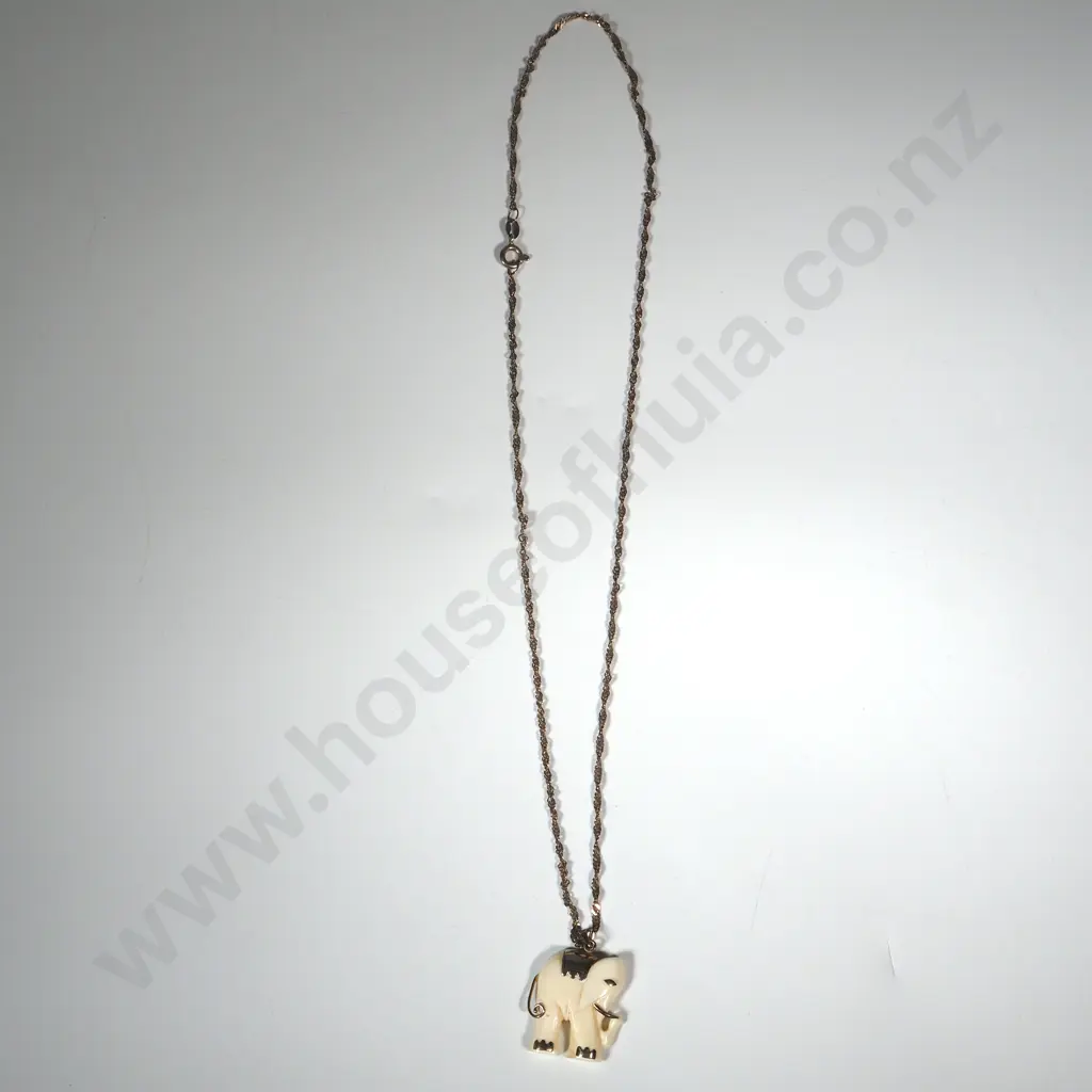 Ivory Elephant With Silver Enhancement On A Sterling Chain  Image 1++