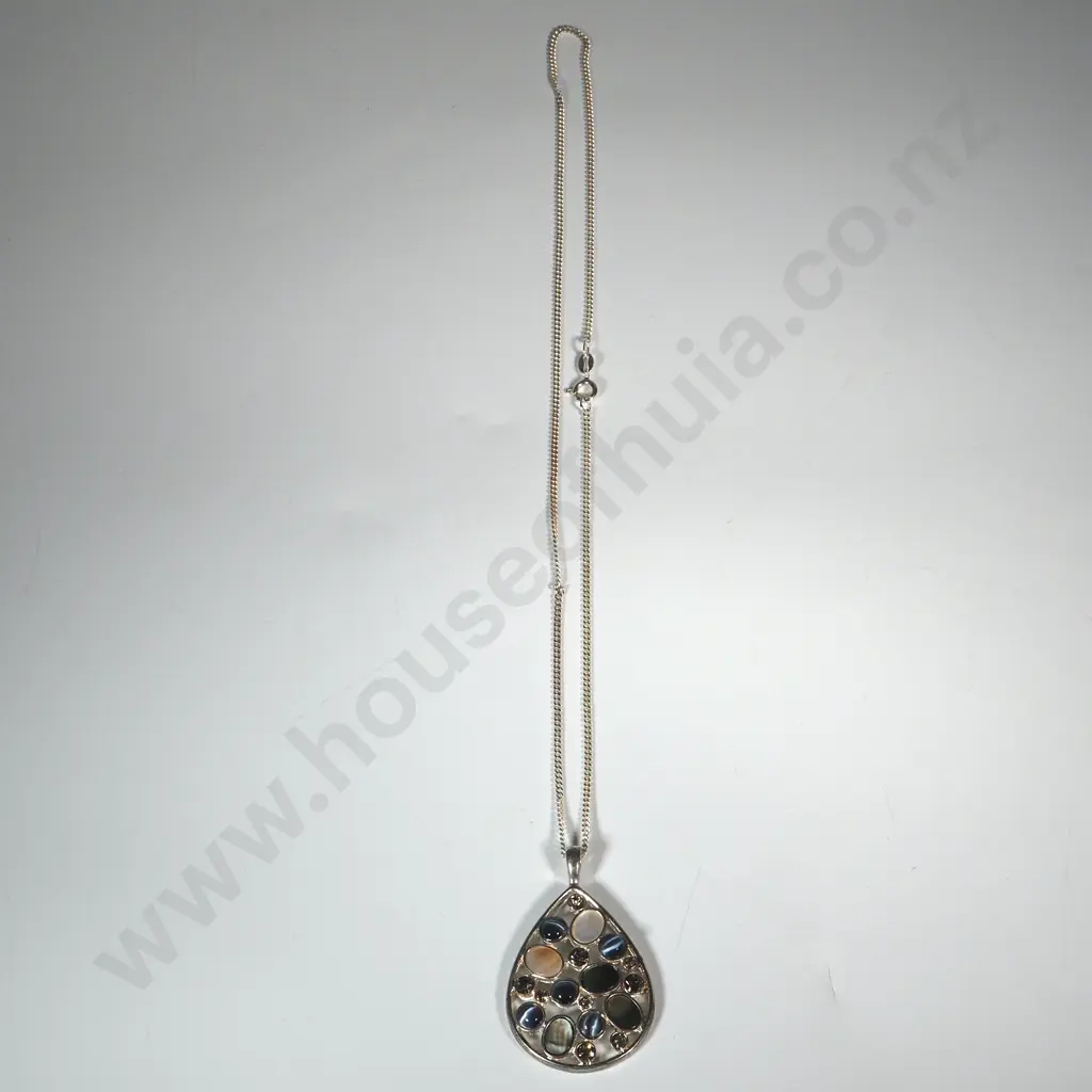 Sterling Silver Flat Link Chain With Large Tear Drop Pendant Set With Various Round & Oval Stones Image 1++