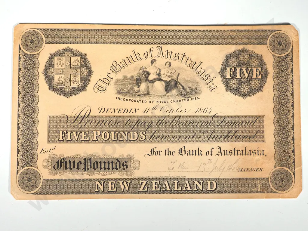 BANK OF AUSTRALASIA FIVE POUNDS PRINTER’S PROOF DUNEDIN 1864 Image 1++