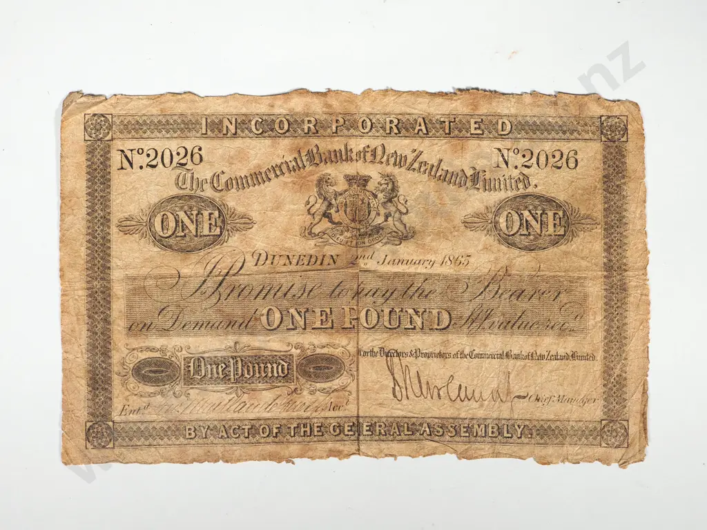 THE COMMERCIAL BANK OF NEW ZEALAND LTD ONE POUND DUNEDIN 1865 Image 1++