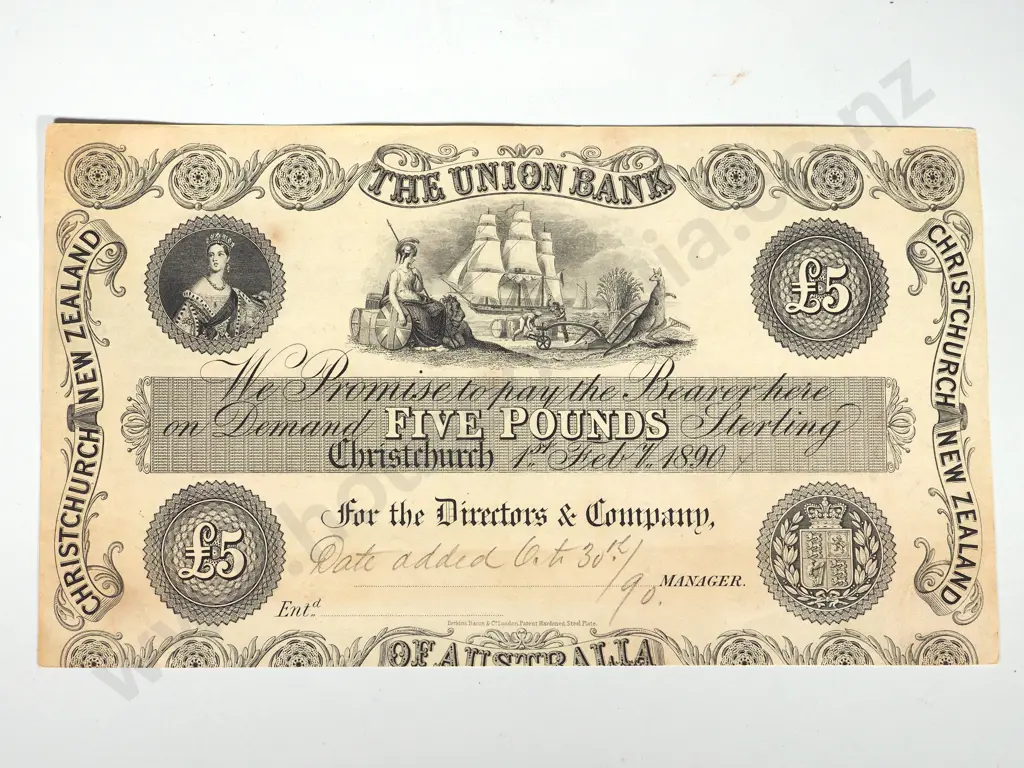 THE UNION BANK OF AUSTRALIA FIVE POUNDS PRINTER’S PROOF CHRISTCHURCH 1890 Image 1++