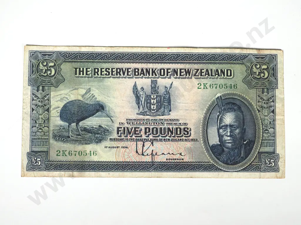 RESERVE BANK OF NEW ZEALAND FIVE POUNDS 1934 Image 1++