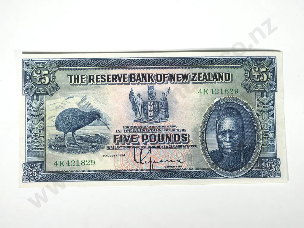 RESERVE BANK OF NEW ZEALAND FIVE POUNDS 1934 Image 1++