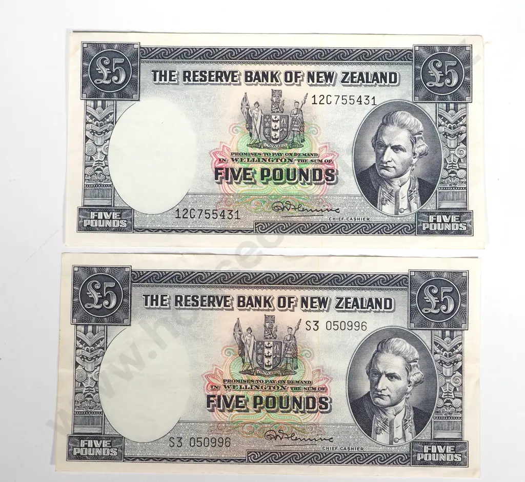 2 X RESERVE BANK OF NEW ZEALAND FIVE POUNDS FLEMING VF Image 1++