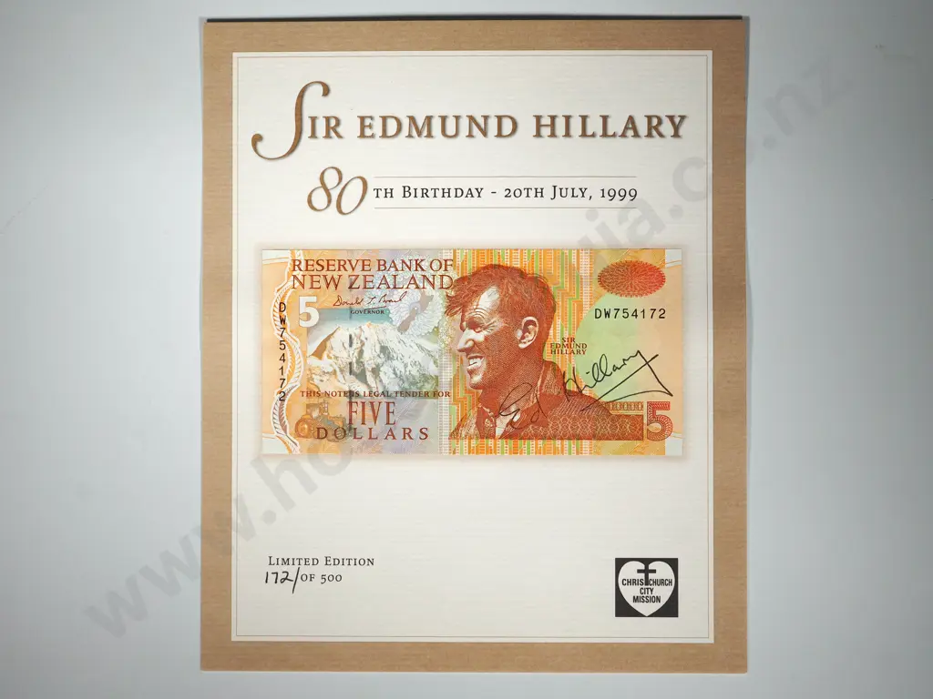 SIR EDMUND HILLARY 80TH BIRTHDAY $5 NOTE SIGNED Image 1++