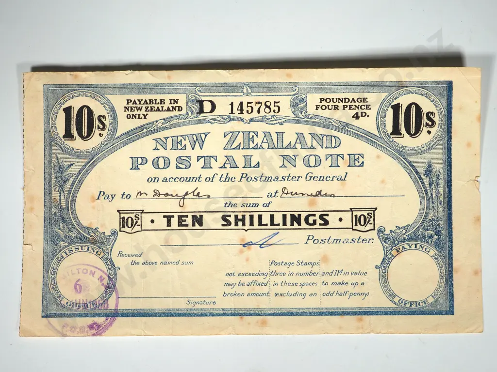 NEW ZEALAND POSTAL NOTE FOR TEN SHILLINGS HAMILTON 1958 Image 1++