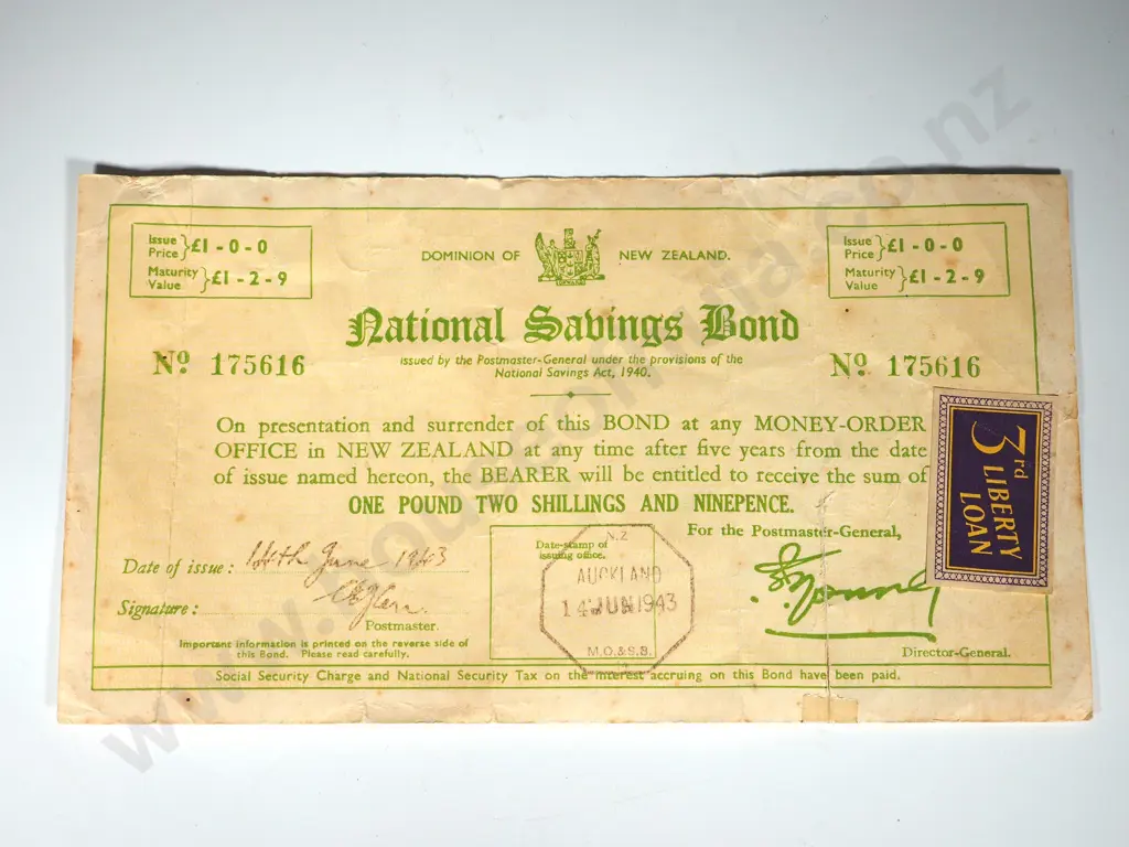 NZ NATIONAL SAVINGS BOND FOR ONE POUND AUCKLAND 1943 Image 1++