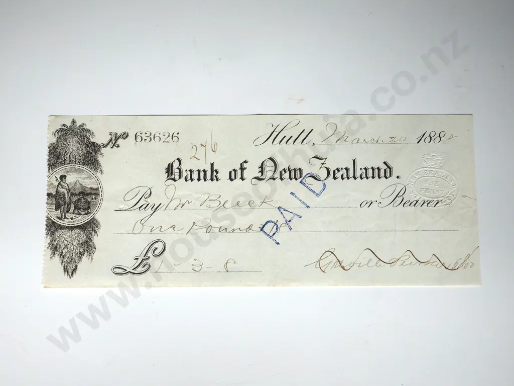 BANK OF NEW ZEALAND CHEQUE HUTT 1888 Image 1++