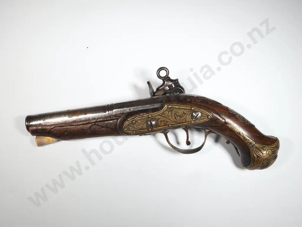 Flintlock Style Pistol.  Brass & Silver Mounts. Image 1++