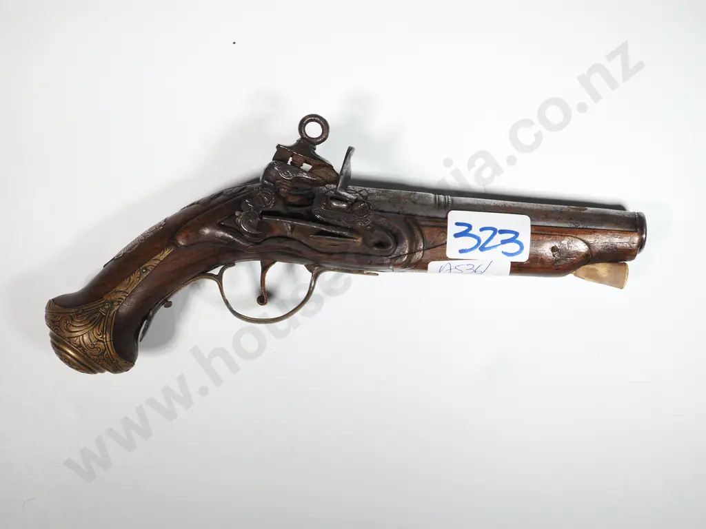 Flintlock Style Pistol.  Brass & Silver Mounts. Image 1++