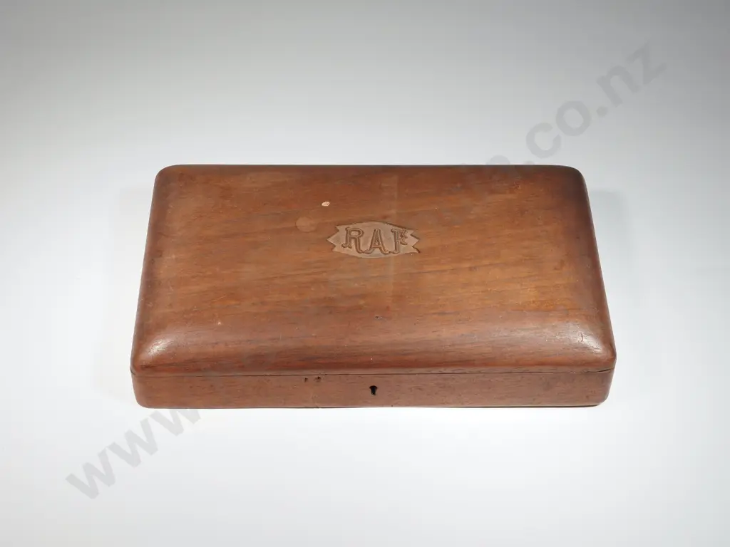 Mid-Century Asian Carved, Wooden Trinket Box w RAF Carved on Lid. Image 1++