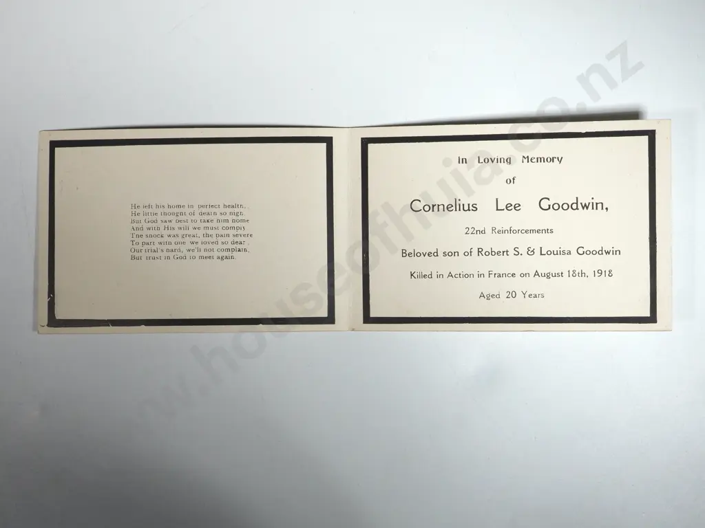 New Zealand Killed in Action Photograph Card - Cornelius Lee Goodwin - 18 August 1918 Aged 20 Image 1++